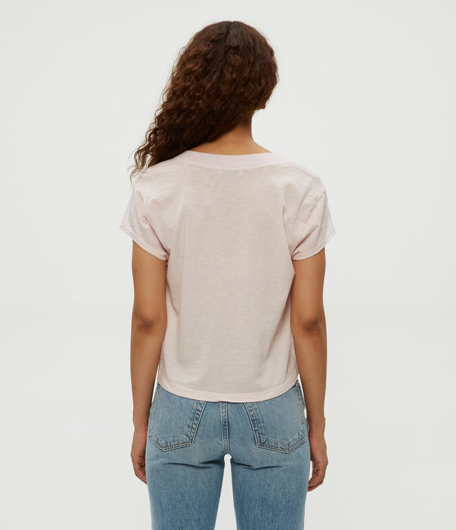 Harlan Cropped V-Neck Tee in Lychee Pink Back View #LYCHEE