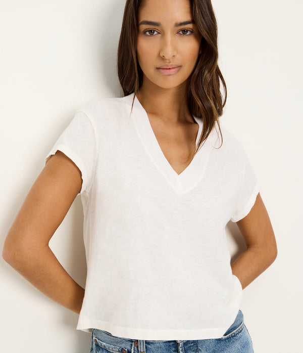 Harlan Cropped V-Neck Tee in Chalk White Close Up View #CHALK
