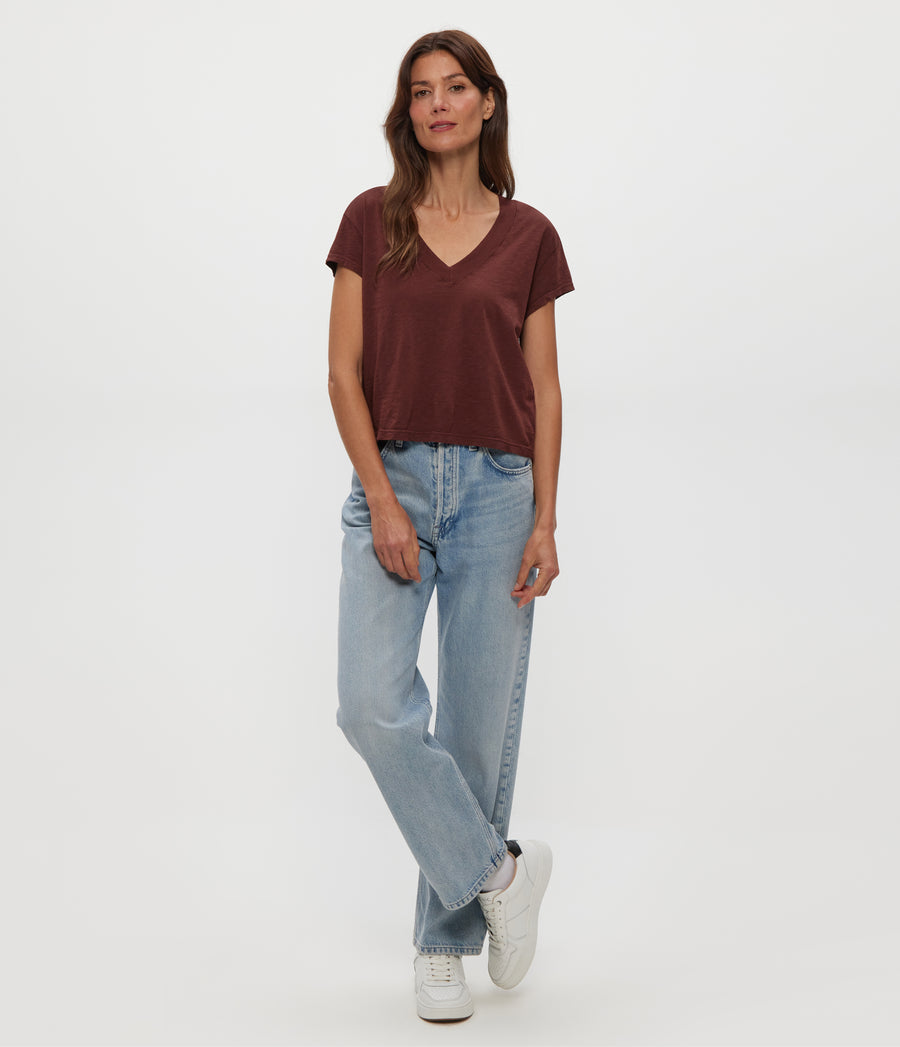 Harlan Cropped V-Neck Tee in ESPRESSO Brown Full Body View #ESPRESSO