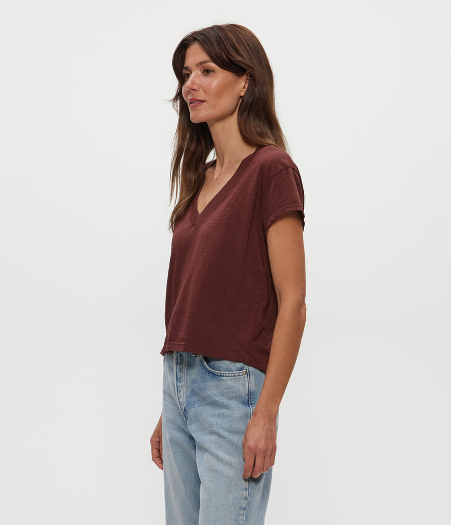 Harlan Cropped V-Neck Tee in ESPRESSO Brown Side View #ESPRESSO