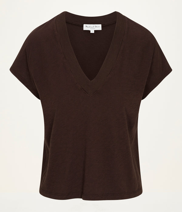 Harlan Cropped V-Neck Tee in Java Brown Close Up View #JAVA