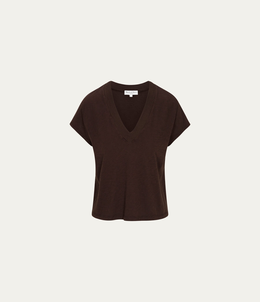Harlan Cropped V-Neck Tee in Java Brown Close Up View #JAVA