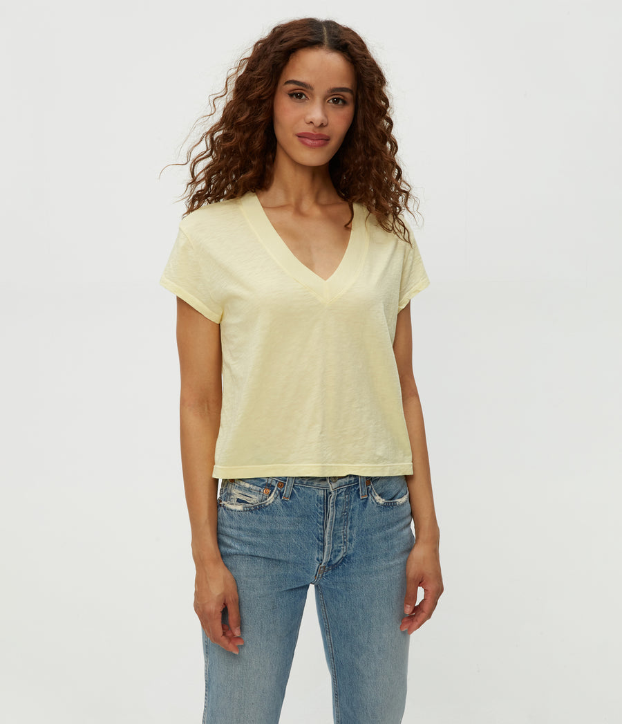 Harlan Cropped V-Neck Tee in Lemonade Yellow Close Up View #LEMONADE