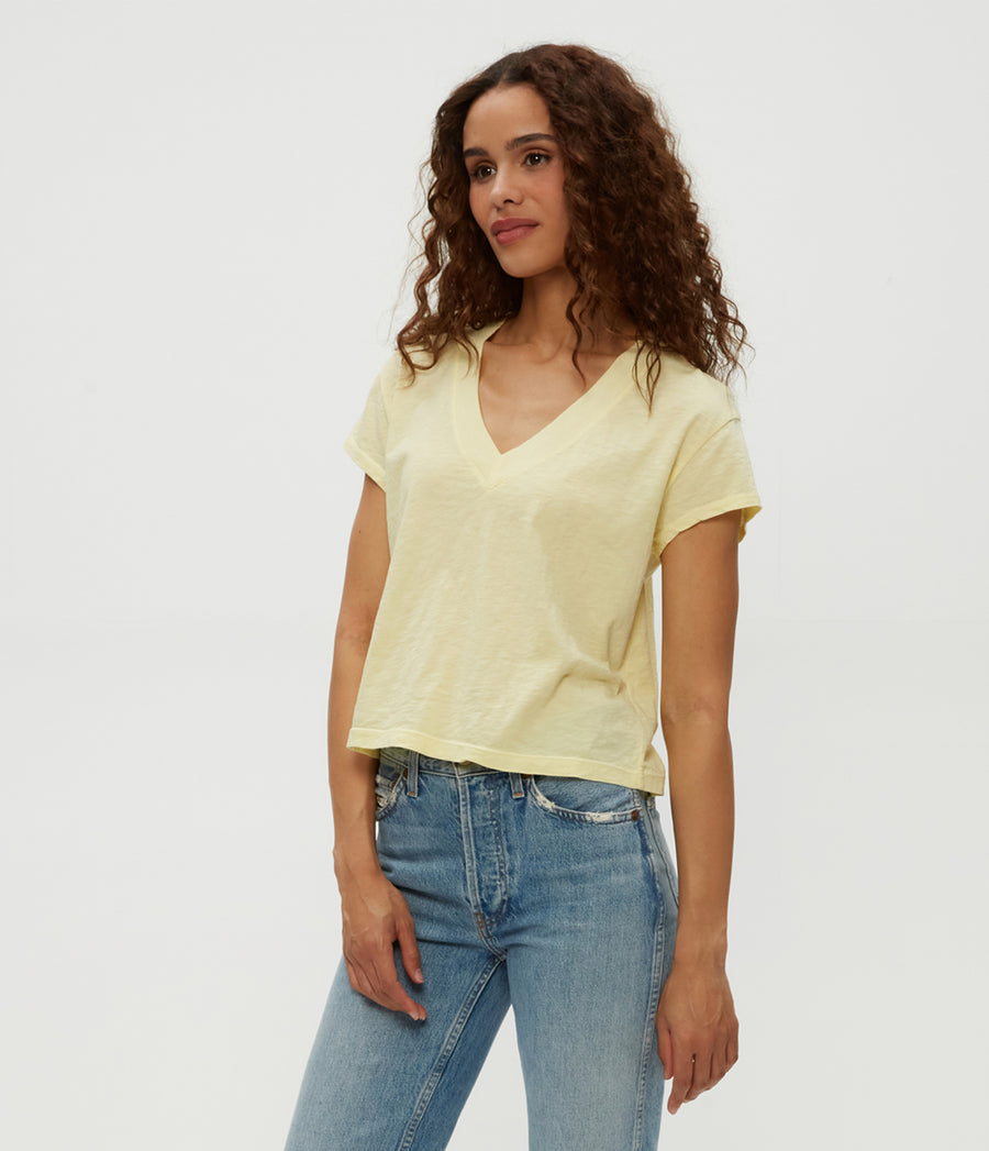 Harlan Cropped V-Neck Tee in Lemonade Yellow Side View #LEMONADE