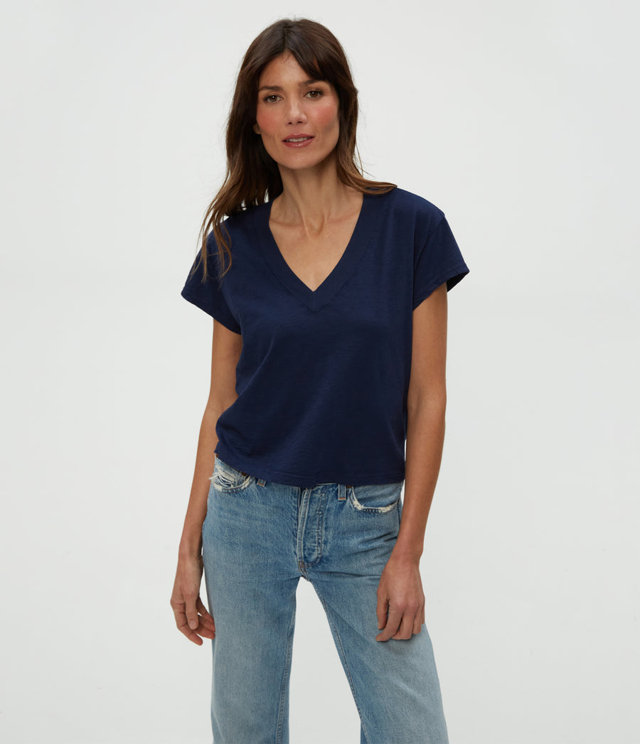 Harlan Cropped V-Neck Tee in Nocturnal Blue Close Up View #NOCTURNAL