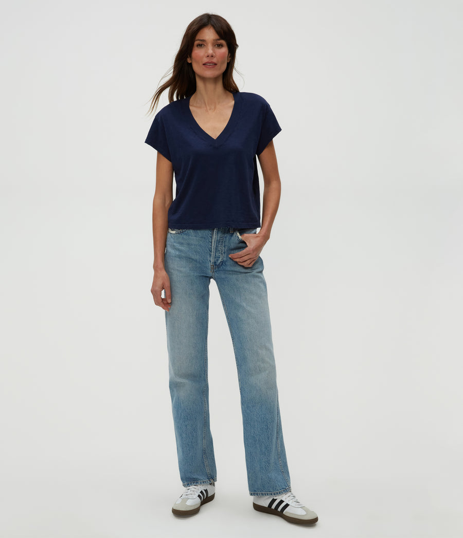 Harlan Cropped V-Neck Tee in Nocturnal Blue Full Body View #NOCTURNAL
