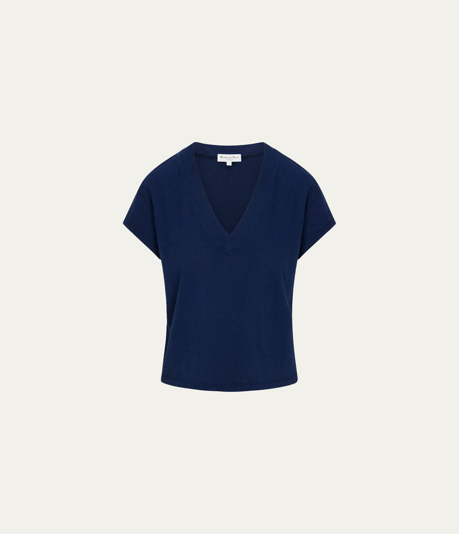 Harlan Cropped V-Neck Tee in Nocturnal Blue Close up View  #NOCTURNAL