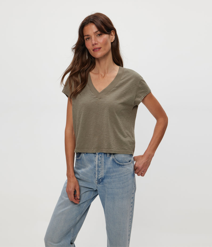 Harlan Cropped V-Neck Tee in Olive Green Close Up View #OLIVE