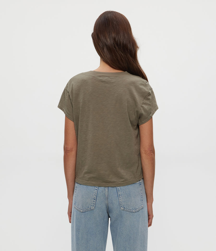 Harlan Cropped V-Neck Tee in Olive Green Back View #OLIVE
