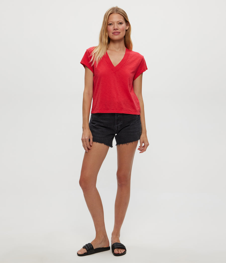 Harlan Cropped V-Neck Tee in Rumba Red Full Body View #RUMBA