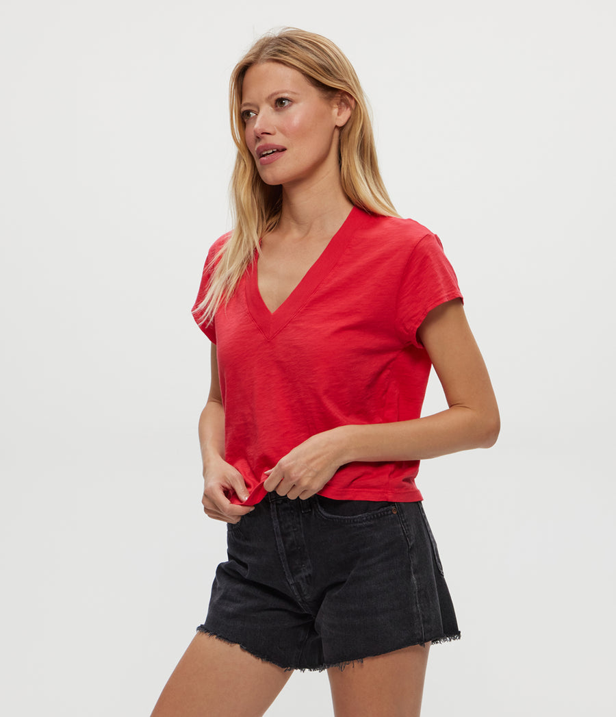 Harlan Cropped V-Neck Tee in Rumba Red Side View #RUMBA