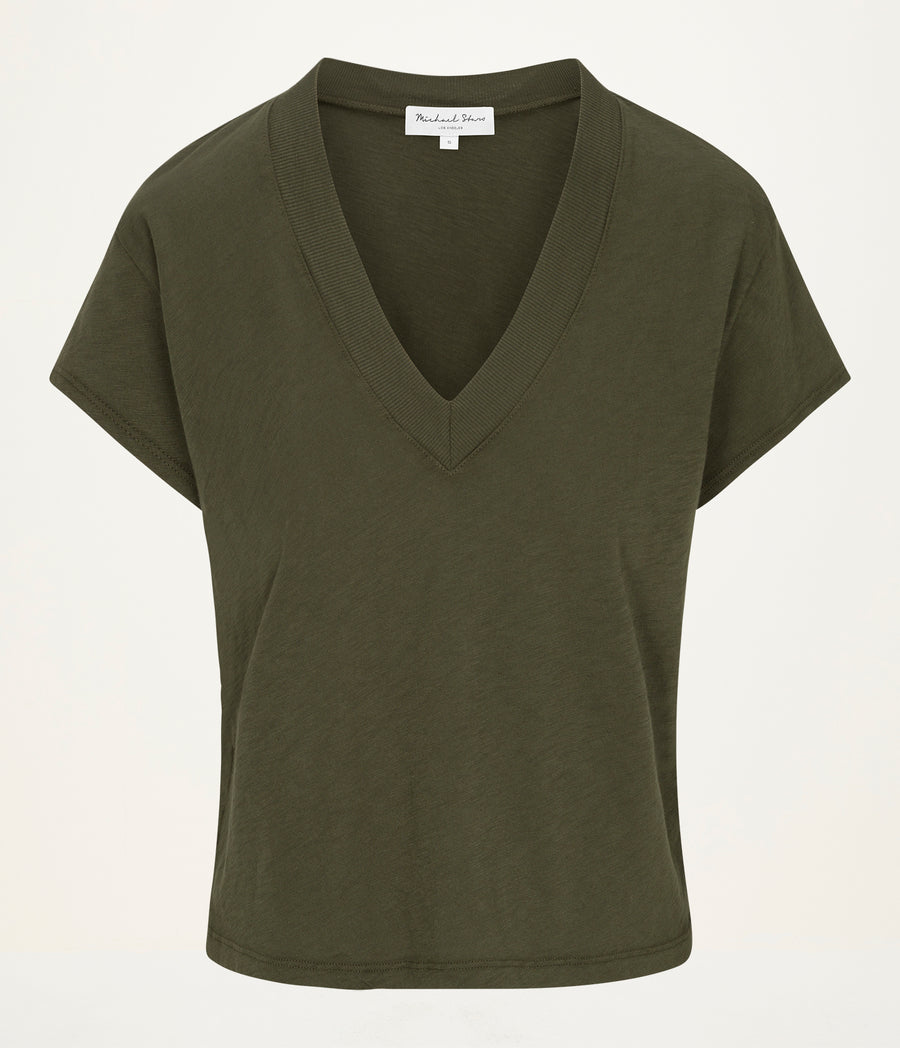 Harlan Cropped V-Neck Tee  in TOPIARY GREEN  Close up View #TOPIARY