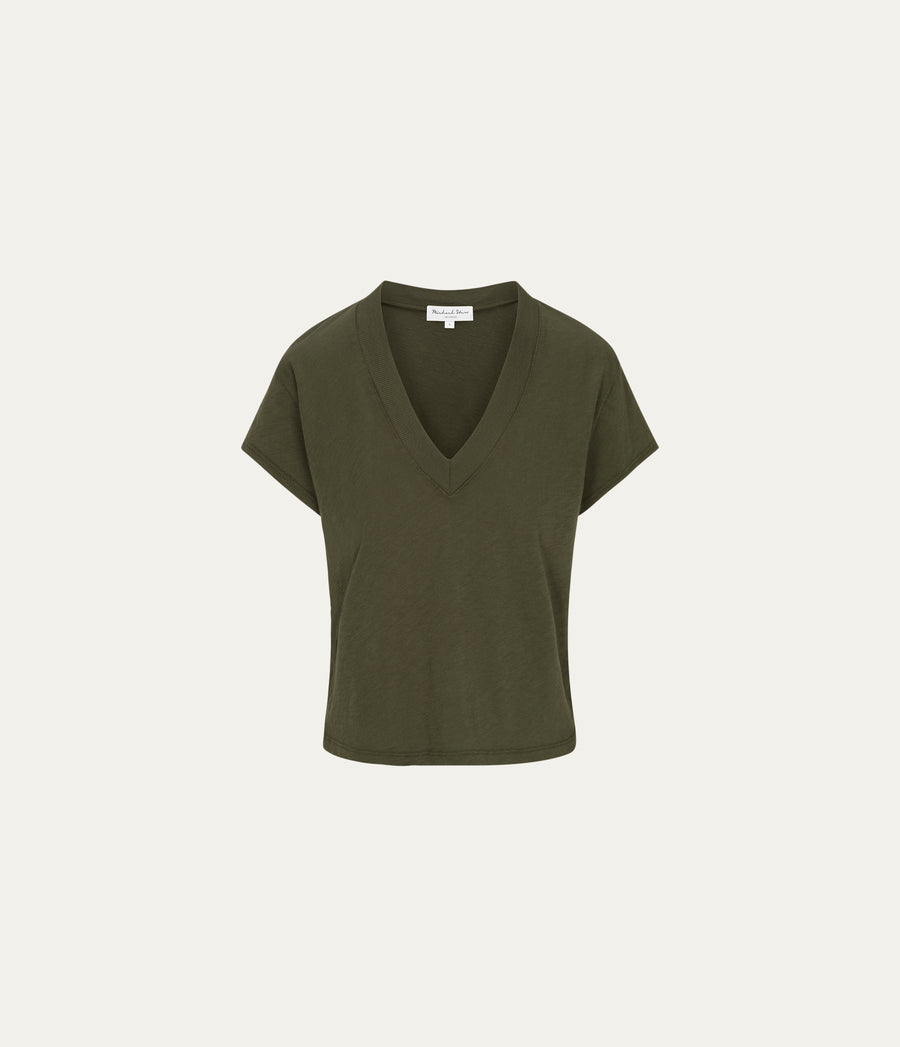 Harlan Cropped V-Neck Tee  in TOPIARY GREEN  Close up View #TOPIARY
