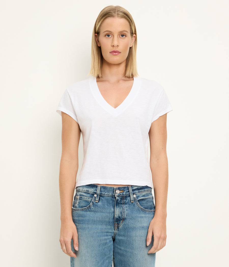 Harlan Cropped V-Neck Tee in White Full Body View #WHITE