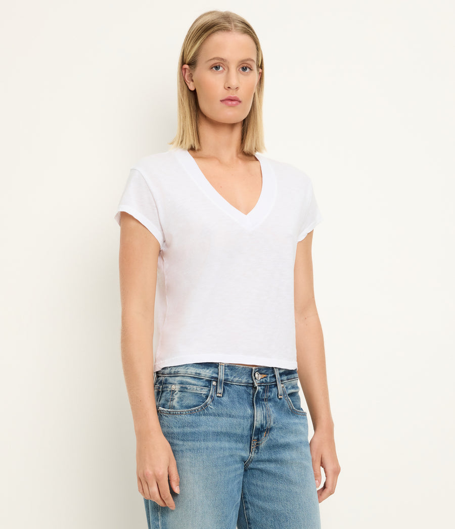 Harlan Cropped V-Neck Tee in White Side View #WHITE