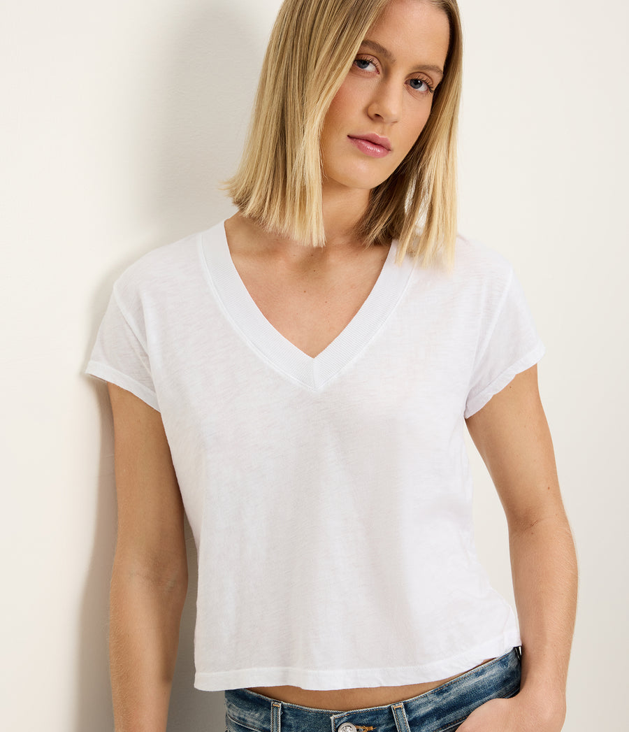 Harlan Cropped V-Neck Tee in White Close up View #WHITE