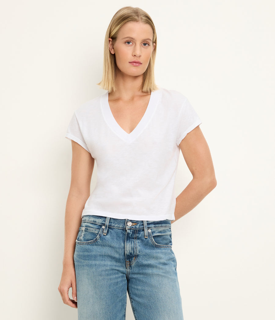 Harlan Cropped V-Neck Tee in White Full Body View #WHITE