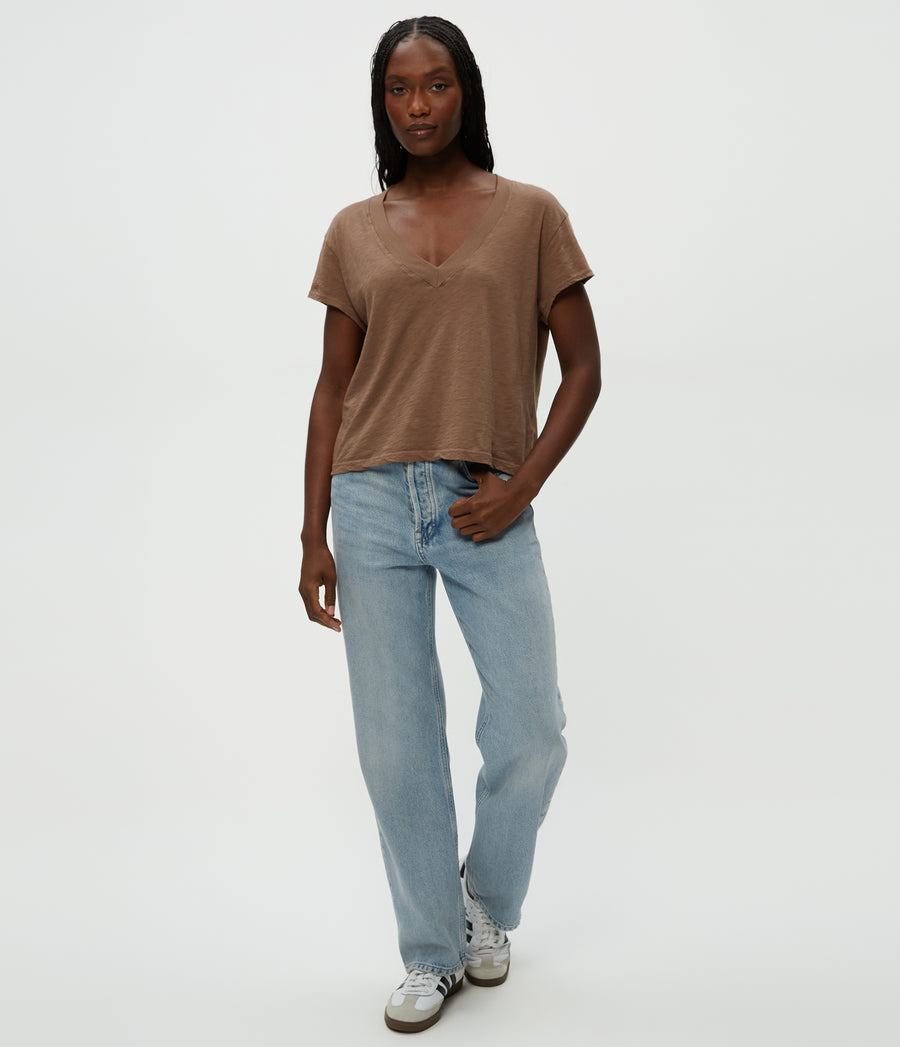 Harlan Cropped V-Neck Tee in Cobblestone Brown Full Body View #COBBLESTONE