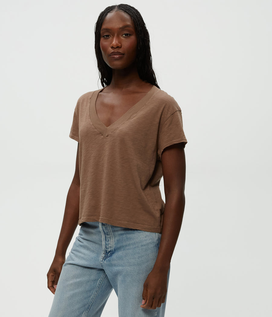 Harlan Cropped V-Neck Tee in Cobblestone Brown Close Up View #COBBLESTONE