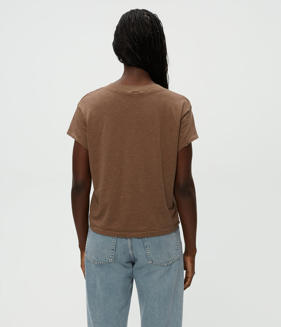 Harlan Cropped V-Neck Tee in Cobblestone Brown Back View #COBBLESTONE
