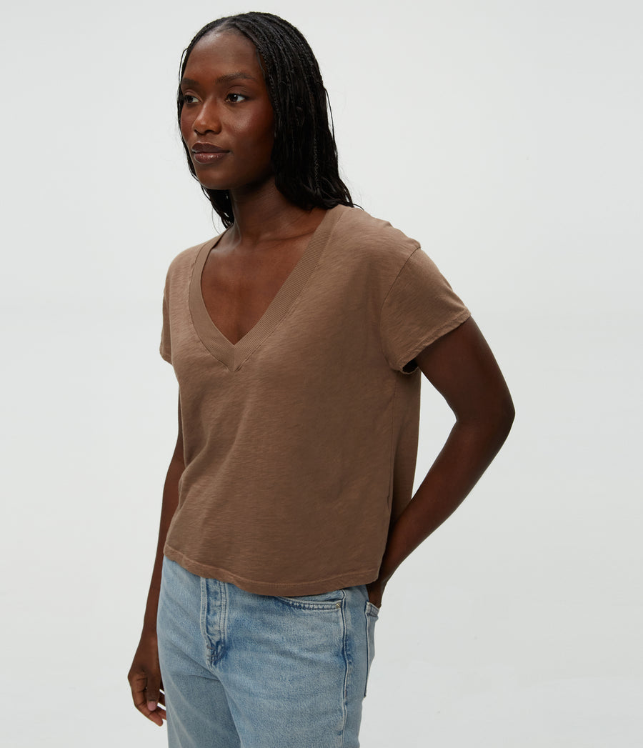 Harlan Cropped V-Neck Tee in Cobblestone Brown Side View #COBBLESTONE