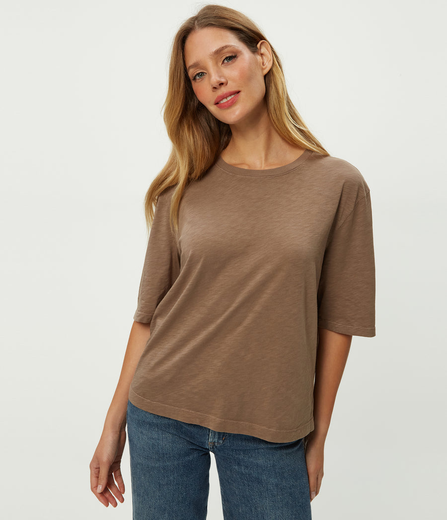 Reid Oversized Crew in Cobblestone Brown Close Up View #COBBLESTONE