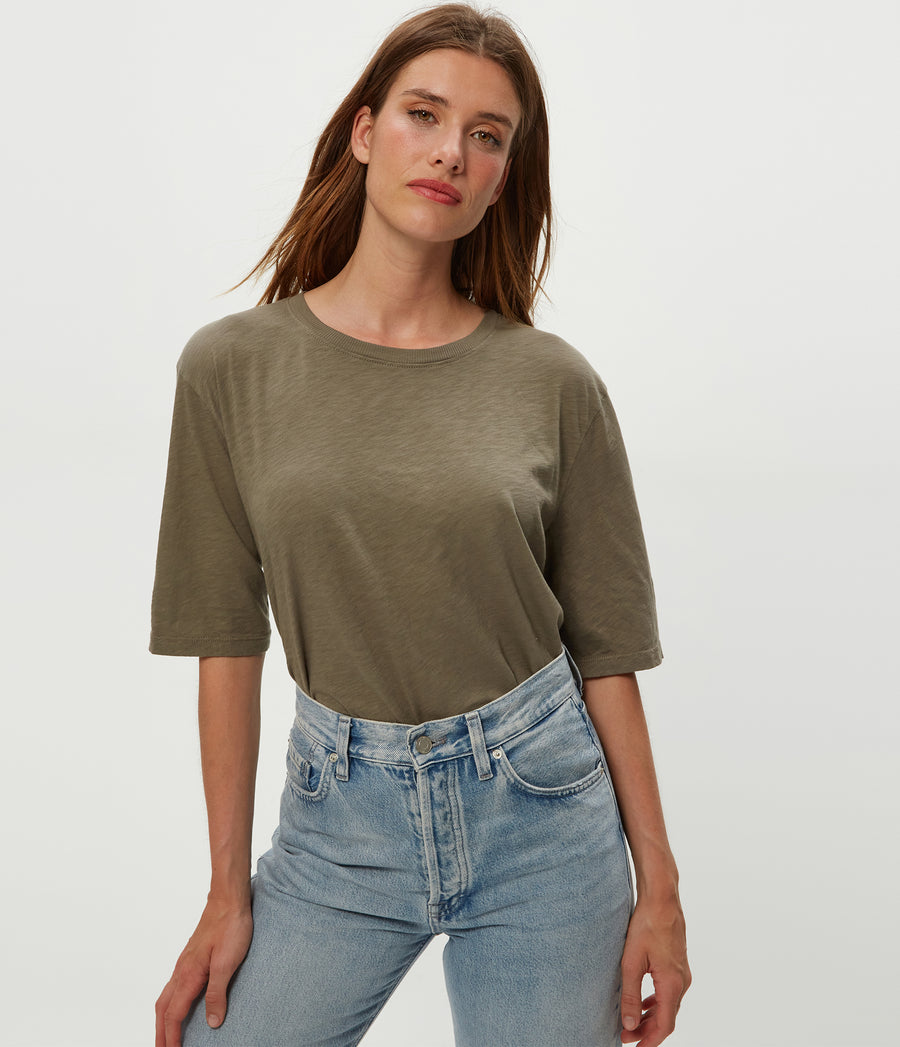 Reid Oversized Crew in Olive Green Close up View #OLIVE
