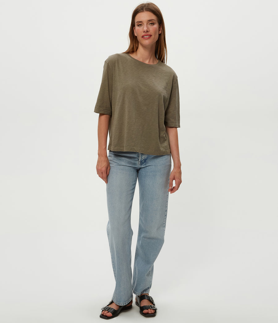 Reid Oversized Crew in Olive Green Full Body View #OLIVE