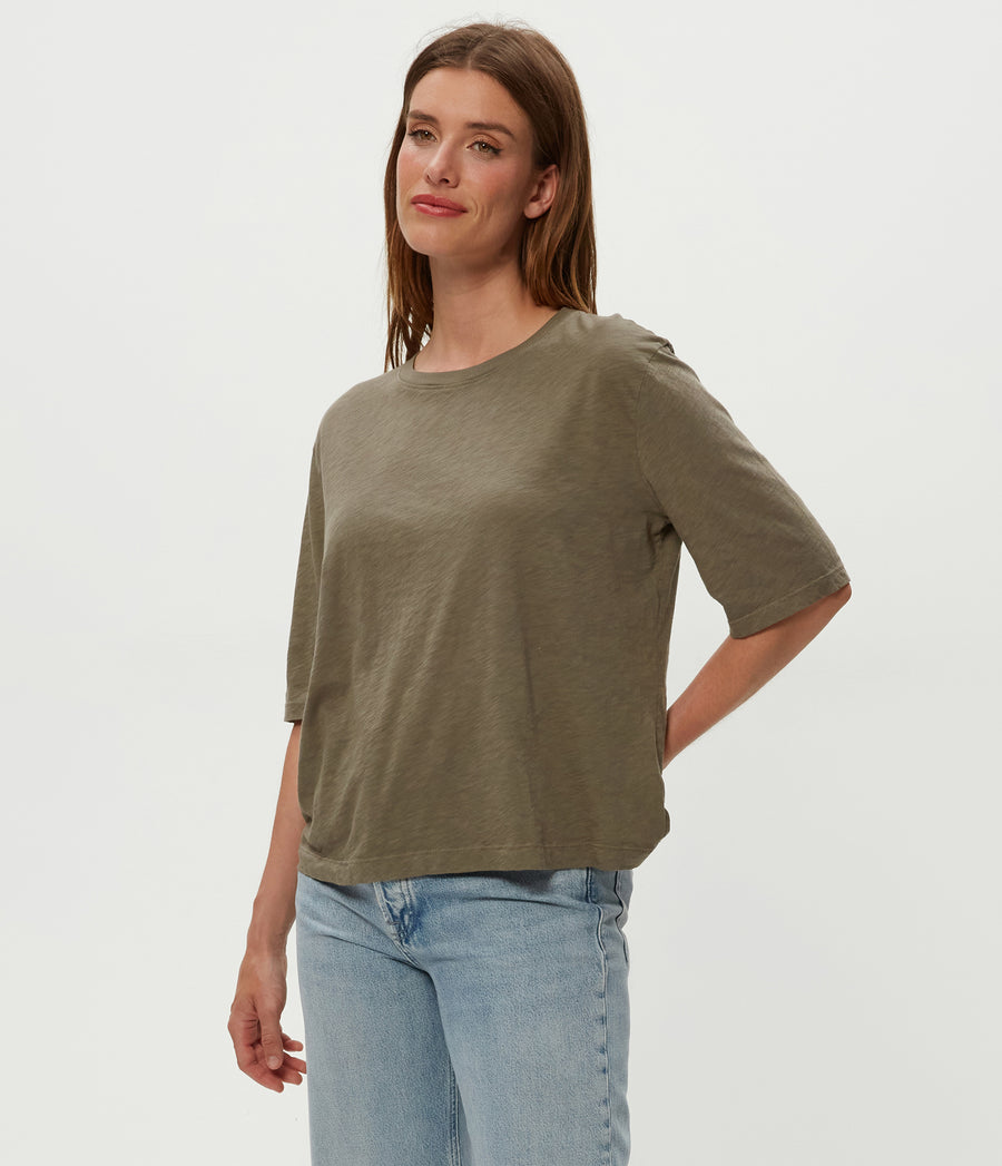 Reid Oversized Crew in Olive Green Side View #OLIVE