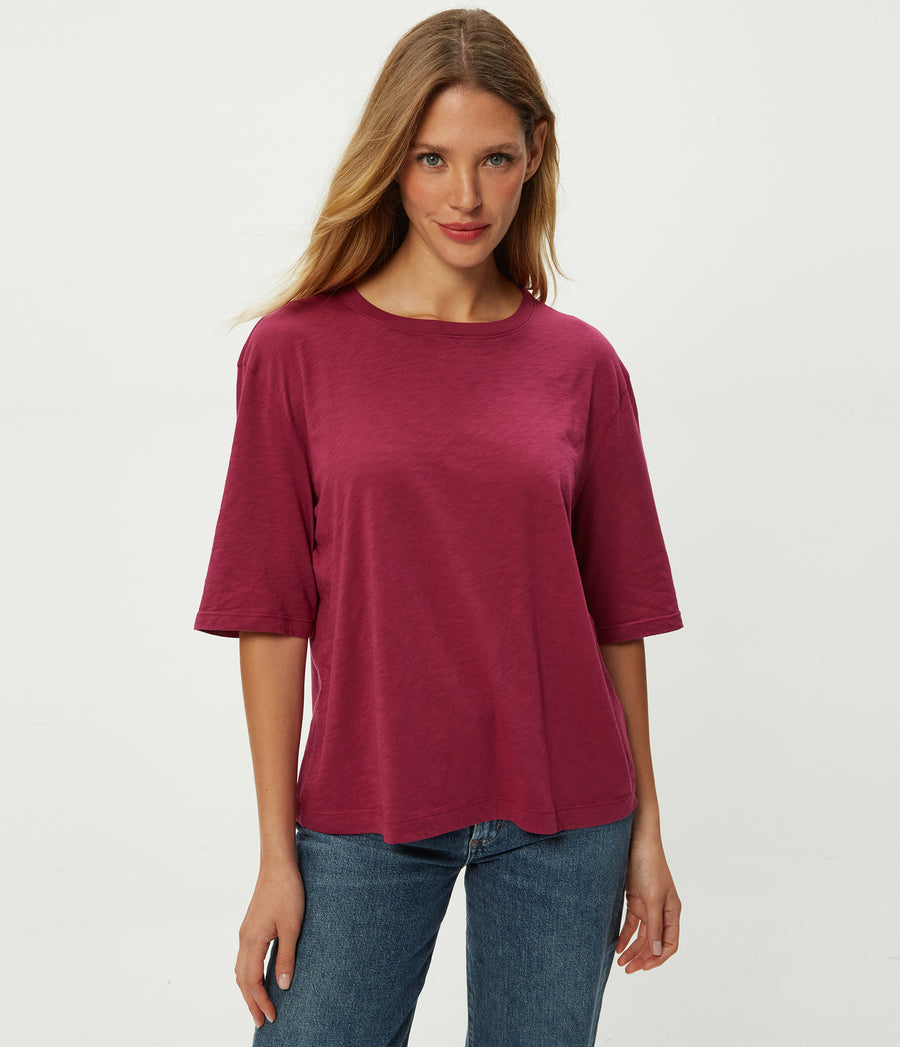 Reid Oversized Crew in RUBY RED Combo Close up View #RUBY