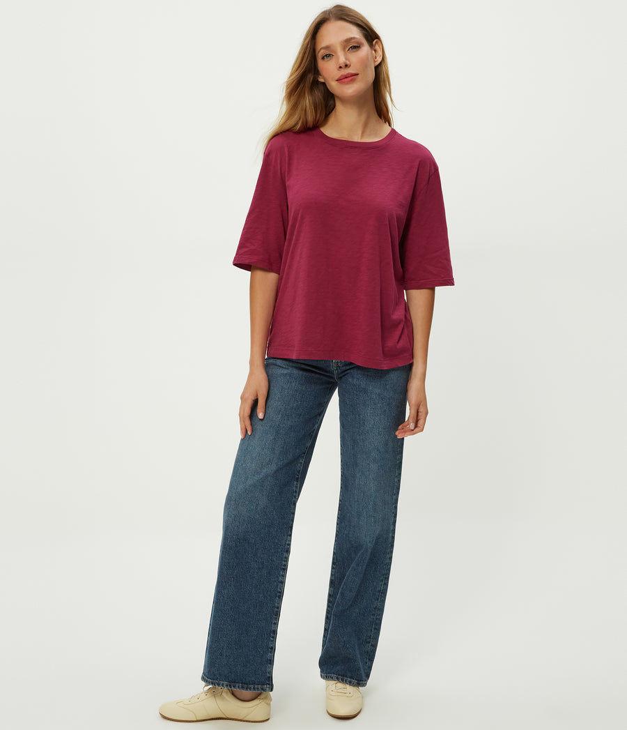 Reid Oversized Crew in RUBY RED Combo Full Body View #RUBY
