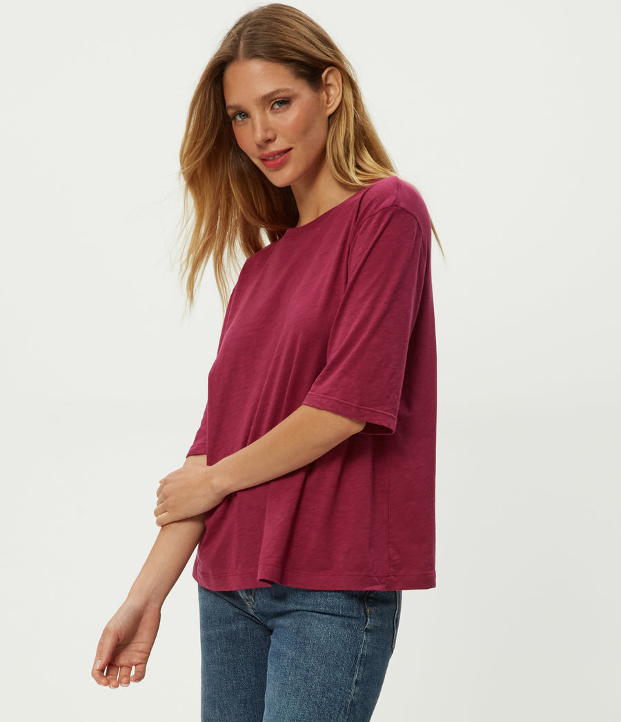 Reid Oversized Crew in RUBY RED Combo Side View #RUBY