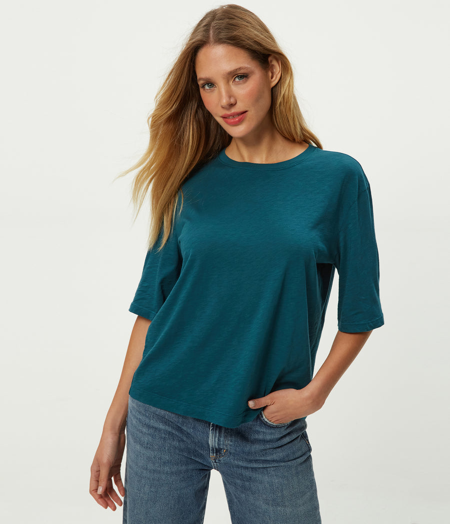 Reid Oversized Crew in RAINFOREST BLUE Combo Close up View #RAINFOREST