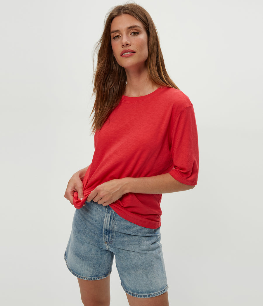 Reid Oversized Crew in Rumba Red Close up View #RUMBA