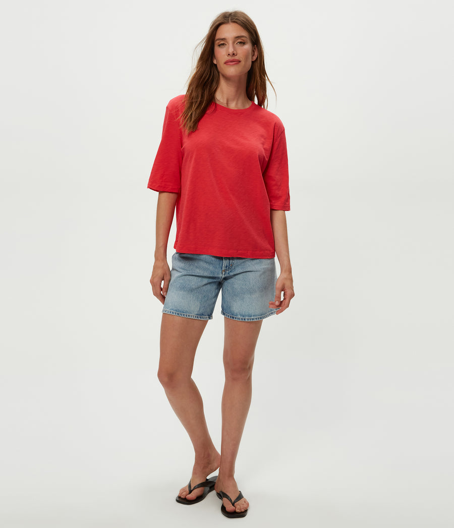 Reid Oversized Crew in Rumba Red Full Body View #RUMBA