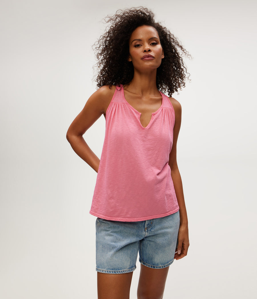 Isla Crochet Trim Tank in  ZINNIA PINK Close up View #ZINNIA