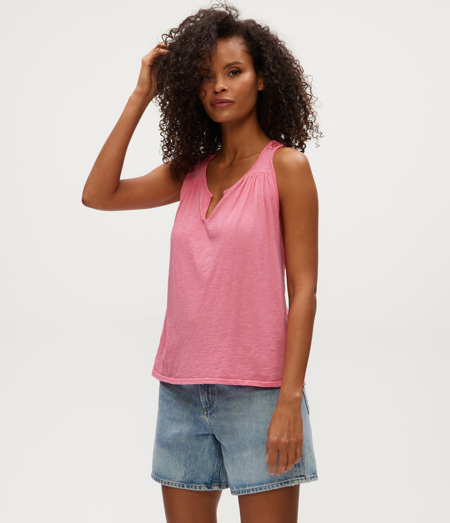 Isla Crochet Trim Tank in ZINNIA PINK Side View #ZINNIA