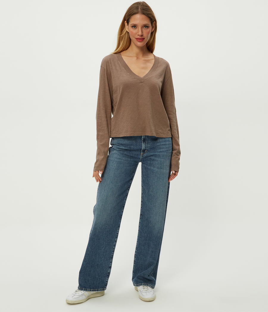 Brea Cropped V-Neck Tee in Cobblestone Brown Full Body View #COBBLESTONE