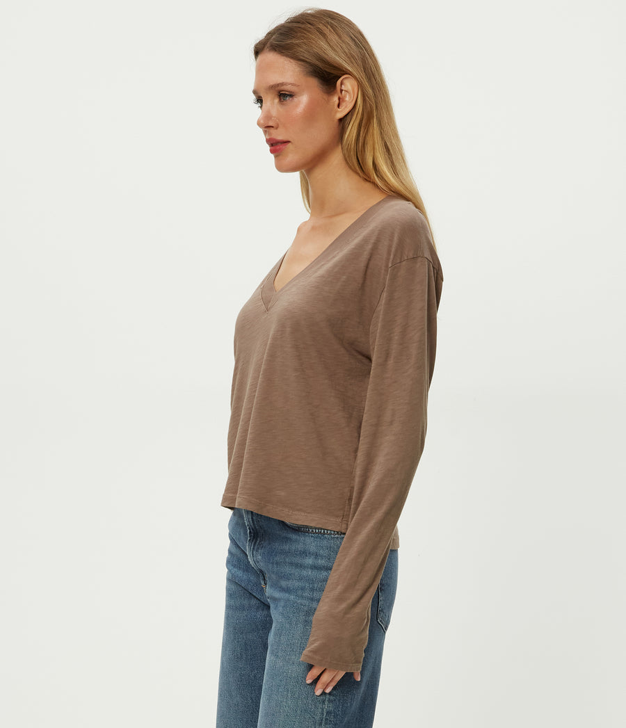 Brea Cropped V-Neck Tee in Cobblestone Brown Side View #COBBLESTONE