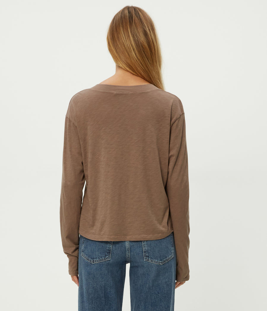 Brea Cropped V-Neck Tee in Cobblestone Brown Back View #COBBLESTONE