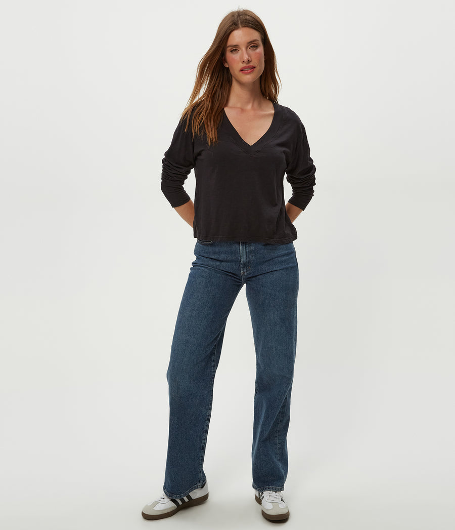 Brea Cropped V-Neck Tee in Black Full Body View #BLACK