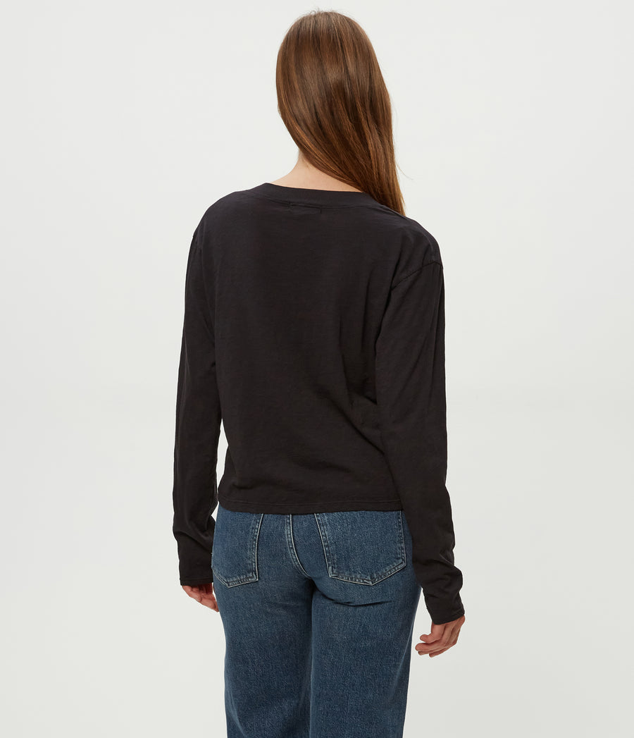 Brea Cropped V-Neck Tee in Black Back View #BLACK