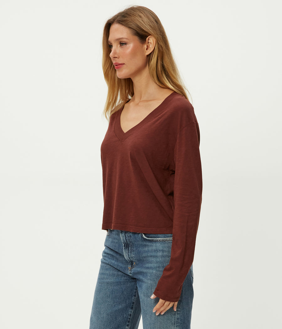Brea Cropped V-Neck Tee in ESPRESSO Brown Side View #ESPRESSO