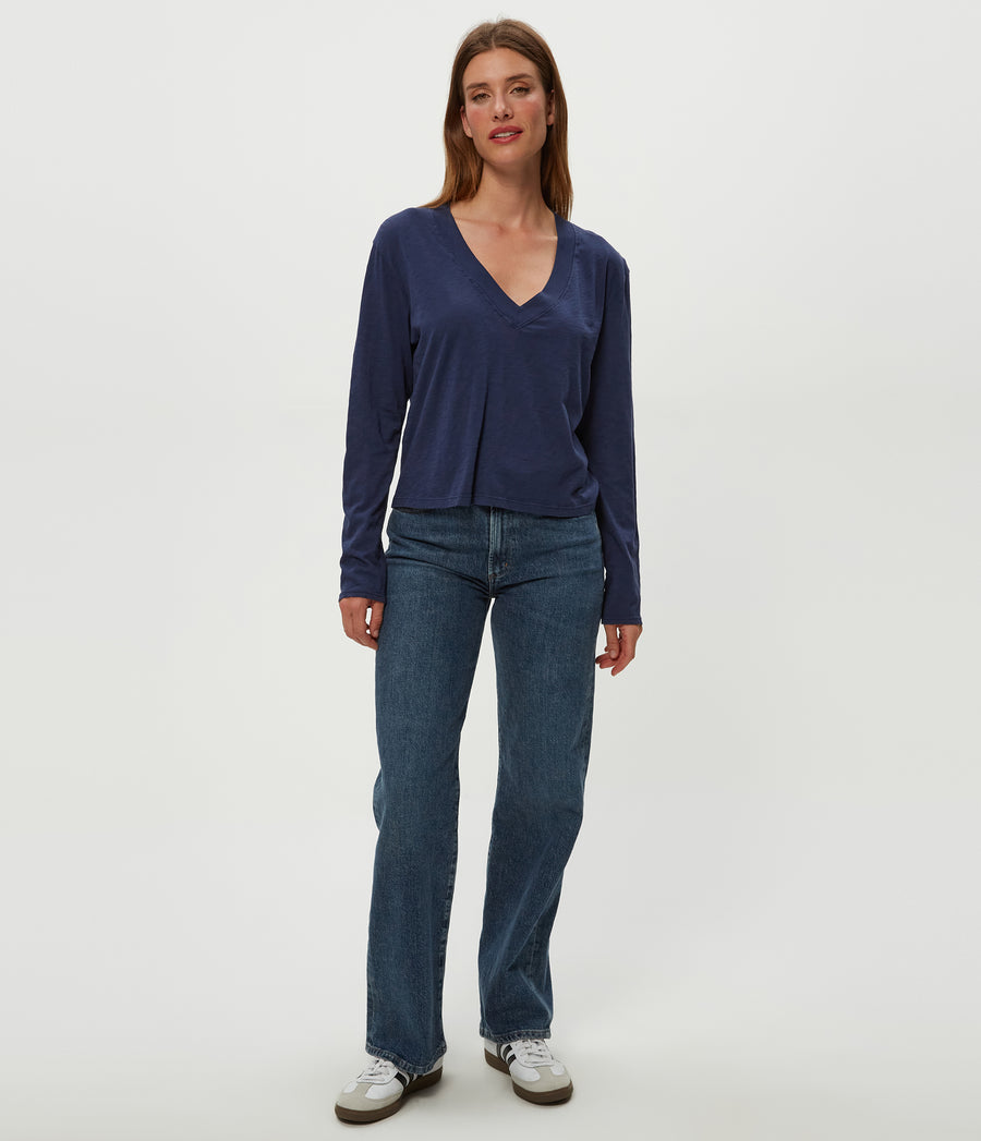 Brea Cropped V-Neck Tee in Nocturnal Blue Full Body View #NOCTURNAL