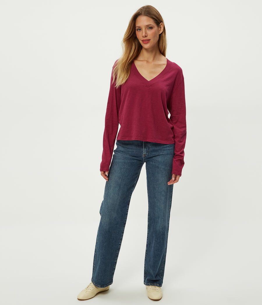 Brea Cropped V-Neck Tee in RUBY RED Combo Full Body View #RUBY