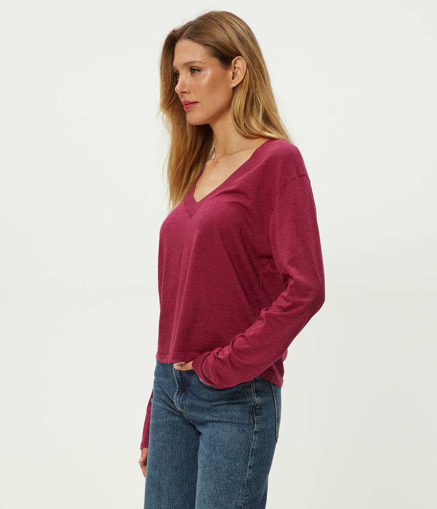 Brea Cropped V-Neck Tee in RUBY RED Combo Side View #RUBY