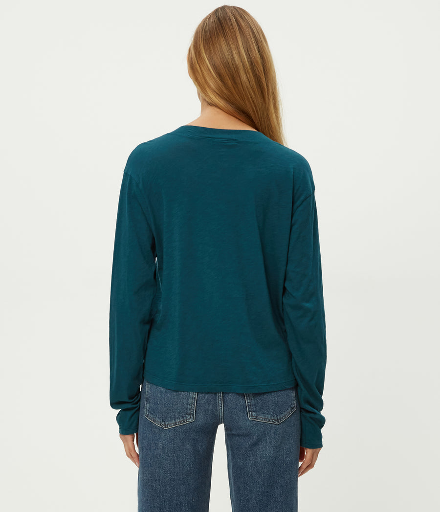 Brea Cropped V-Neck Tee in RAINFOREST BLUE Combo Back View #RAINFOREST