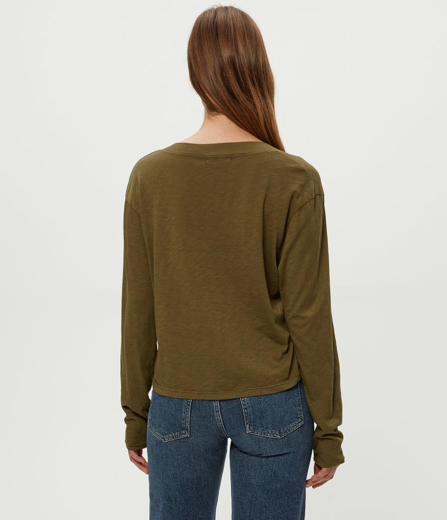 Brea Cropped V-Neck Tee in TOPIARY GREEN Back View #TOPIARY