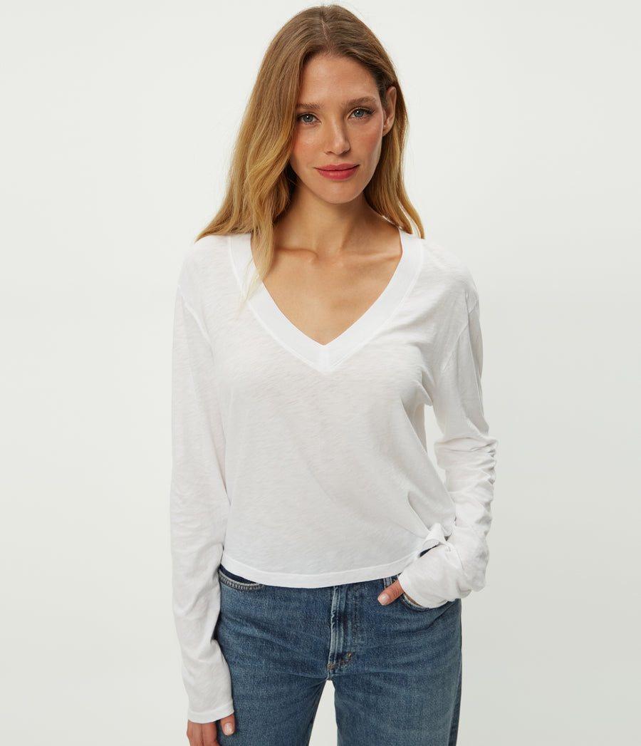 Brea Cropped V-Neck Tee in White Close up View #WHITE
