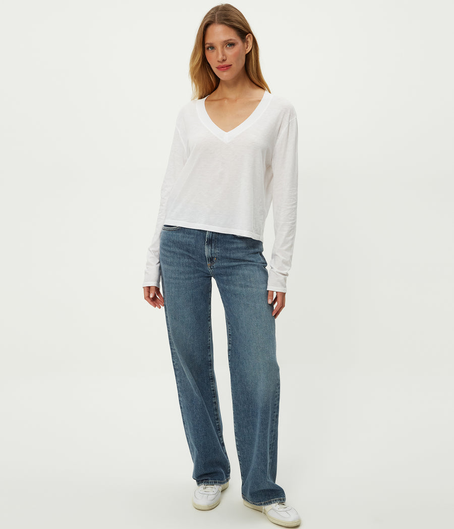Brea Cropped V-Neck Tee in White Full Body View #WHITE